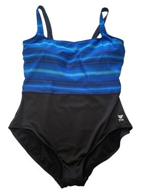 Plus Size Modest Coverage One-Piece Swimsuit in Blue and Black UPF 50 Durafast